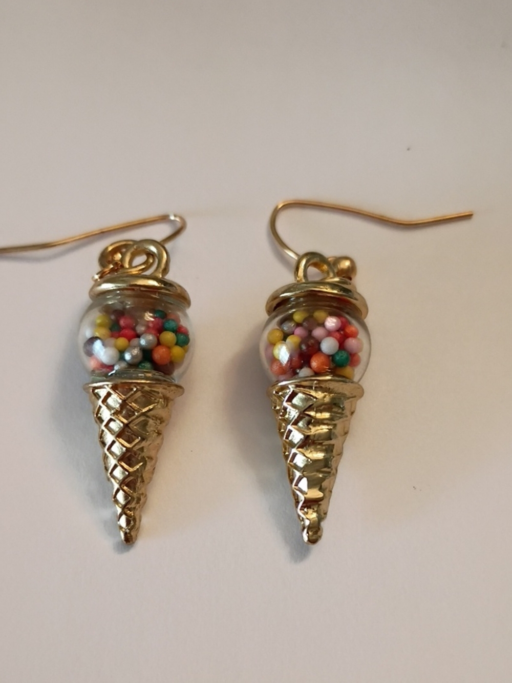 Gold Ice Cream Cone Drop Earrings with Multicolor Sprinkles